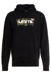 Felpa nera con cappuccio e logo camouflage di Levi's sul petto, con cappuccio regolabile e tasca frontale. Presenta polsini e orlo a costine.