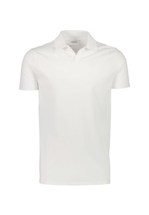 Valkoinen, lyhythihainen poolopaita kauluksella ja avoimella nappilistalla, esitettynä yksinkertaisella valkoisella taustalla.