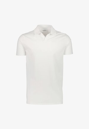 Vit pikétröja med korta ärmar, krage och öppen knapplist, visad mot en enfärgad vit bakgrund.