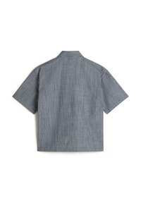 Short-sleeve shirt in navy and white vertical stripes. Features a standard collar and a relaxed fit. Cotton blend material with smooth texture.
