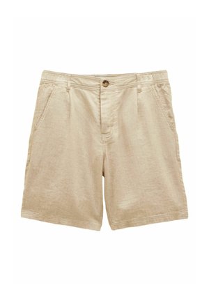 Beige bomuldsshorts med knapper foran, lynlås, bæltestropper og sidelommer, designet til afslappet brug.