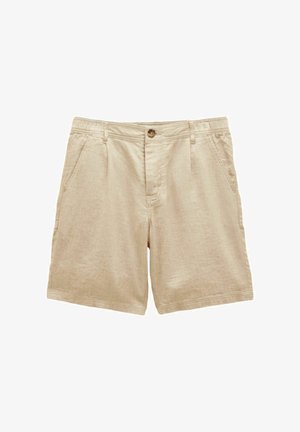 Beige Baumwollshorts mit vorderem Knopf, Reißverschluss, Gürtelschlaufen und seitlichen Taschen, entworfen für legere Trageweise.