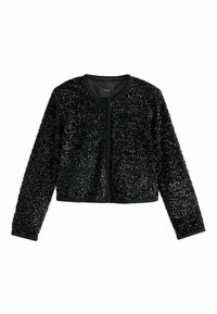 Schwarze, mit Pailletten strukturierte, kurz geschnittene Jacke mit langen Ärmeln, rundem Ausschnitt, vorderen Taschen und zentralem Reißverschluss. Glattes Innenfutter.