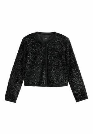 Schwarze, mit Pailletten strukturierte, kurz geschnittene Jacke mit langen Ärmeln, rundem Ausschnitt, vorderen Taschen und zentralem Reißverschluss. Glattes Innenfutter.