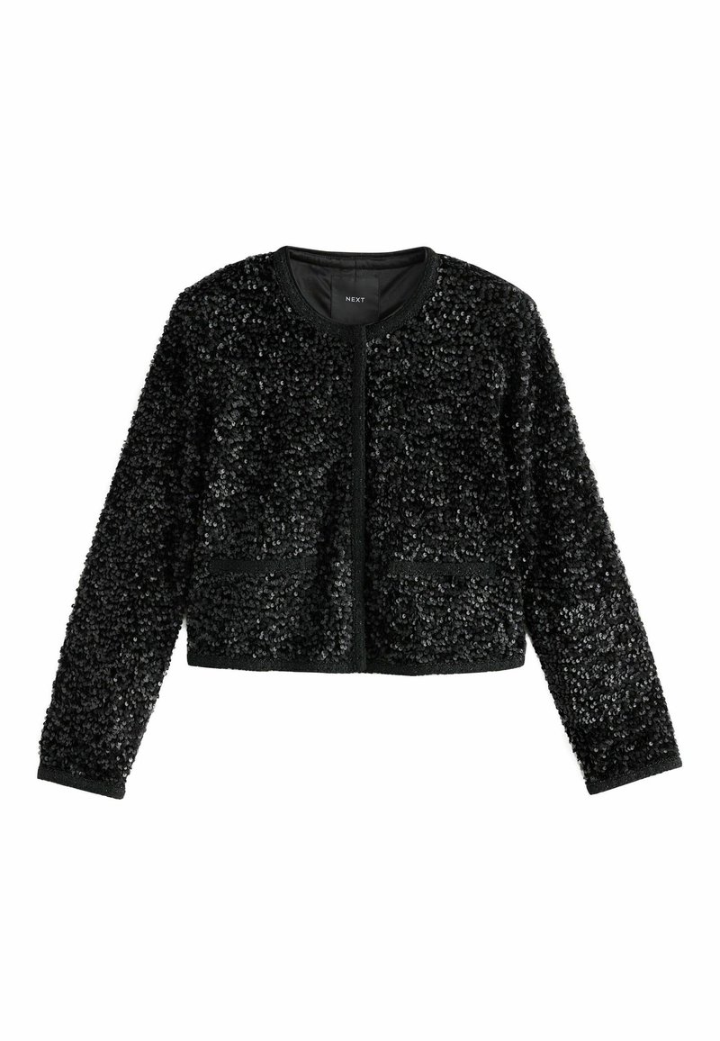 Schwarze, mit Pailletten strukturierte, kurz geschnittene Jacke mit langen Ärmeln, rundem Ausschnitt, vorderen Taschen und zentralem Reißverschluss. Glattes Innenfutter.