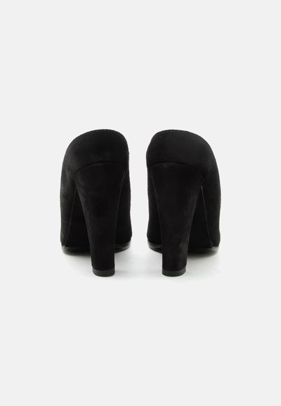 Ζευγάρι μαύρα σουέντ παπούτσια με ψηλό τακούνι, εμφανιζόμενα από πίσω σε λευκό φόντο.