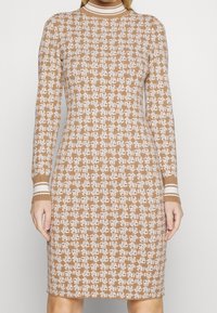 Robe marron en tricot avec motif géométrique blanc, manches longues, col montant et accents rayés aux poignets et au col. Coupe ajustée.