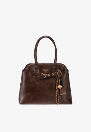 Dark brown leather handbag with double handles, gold-tone buckle, and decorative keychain featuring a football and heart-shaped charm.