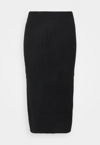 Jupe crayon noire en tricot avec ourlet côtelé, offrant une silhouette ajustée et une texture lisse à travers le tissu.