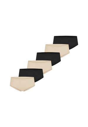 Sechs Paare von Unterwäsche mit niedriger Taille, diagonal angeordnet, abwechselnd in Schwarz und Beige, auf weißem Hintergrund.