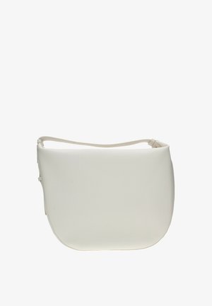 Borsa a tracolla bianca con una finitura liscia e texture. Forma curva e tracolla sottile, caratterizzata da un design minimalista e senza hardware visibile.