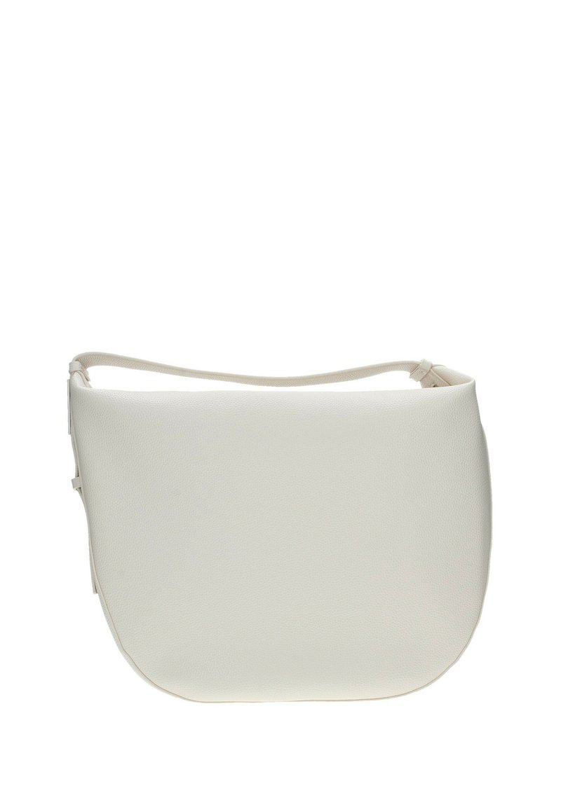 Borsa a tracolla bianca con una finitura liscia e texture. Forma curva e tracolla sottile, caratterizzata da un design minimalista e senza hardware visibile.