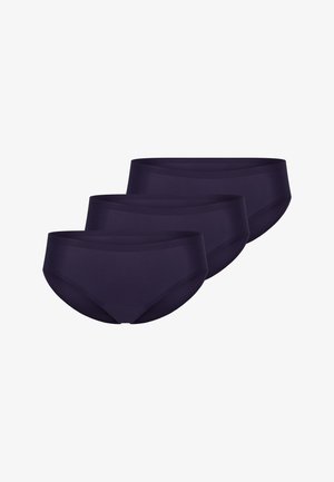 Trzy pary ciemnofioletowej, bezszwowej bielizny w stylu hipster. Wykonana z gładkiego, elastycznego materiału z niskim stanem.
