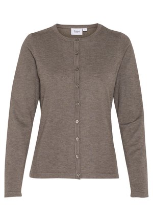 Hnědý kardigan s dlouhým rukávem, kulatým výstřihem, zapínáním na přední knoflíky a hladkou pletenou strukturou. Jednoduchý design bez ozdob.