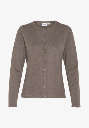 Cardigan marron à manches longues avec un col rond, fermeture à boutons sur le devant et une texture tricotée lisse. Design simple sans embellissements.