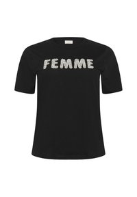 Czarny t-shirt z krótkim rękawem z dużym, srebrnym, błyszczącym napisem "FEMME". Okrągły dekolt i miękka tekstura.