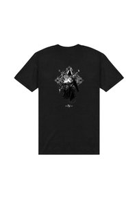 Černé tričko s temnou postavou v kapuci, která kouzlí, s propracovanými symboly a textem "Diablo IV" pod designem.