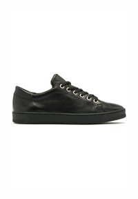 Sneakers neri in pelle con design a bassezza arrotondata, dotati di sei fori per i lacci, suola piatta e discreto dettaglio del logo sul lato.