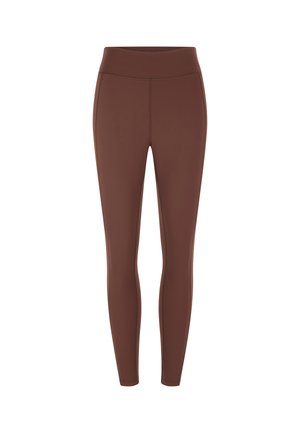 Leggings marron taille haute, longueur totale, finition lisse avec des coutures visibles sur les côtés et à l'avant.