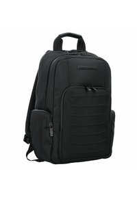 Zaino nero realizzato in tessuto resistente, caratterizzato da un design strutturato, molteplici scomparti, zip lisce e una maniglia superiore.