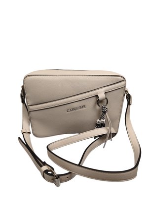 Borsa a tracolla in pelle beige con tracolla regolabile, dettaglio diagonale, logo "CAFèNOIR" e nappina decorativa su anello metallico.