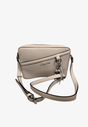 Borsa a tracolla in pelle beige con tracolla regolabile, dettaglio diagonale, logo "CAFèNOIR" e nappina decorativa su anello metallico.