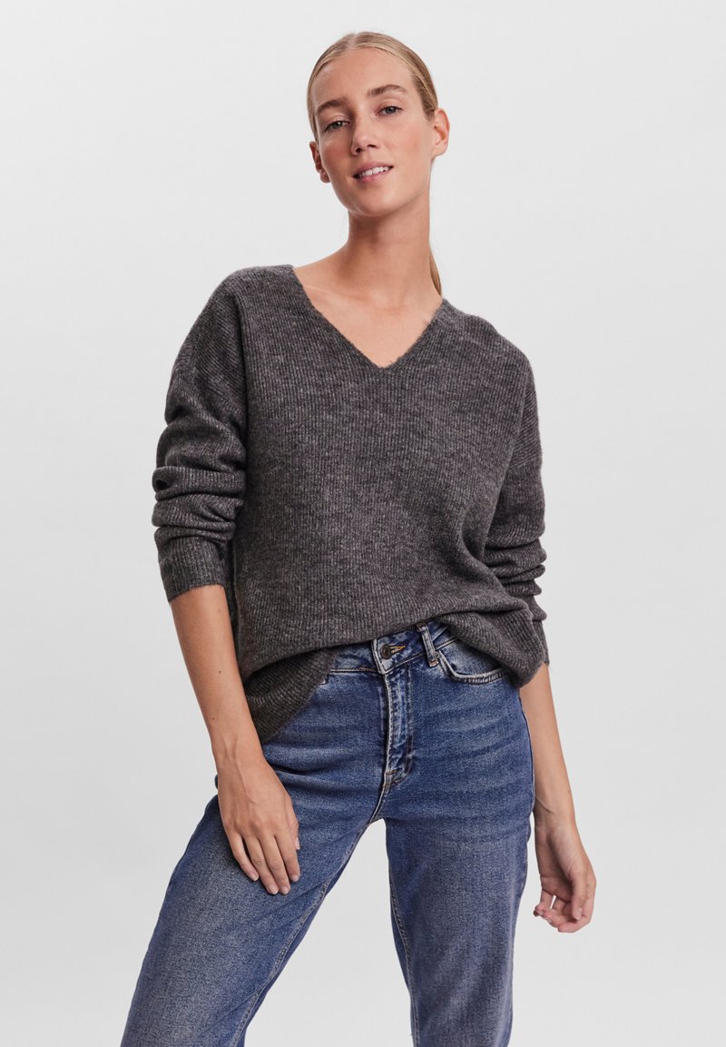 Vero Moda VMCREWLEFILE V-NECK NOOS - Maglione - medium grey melange