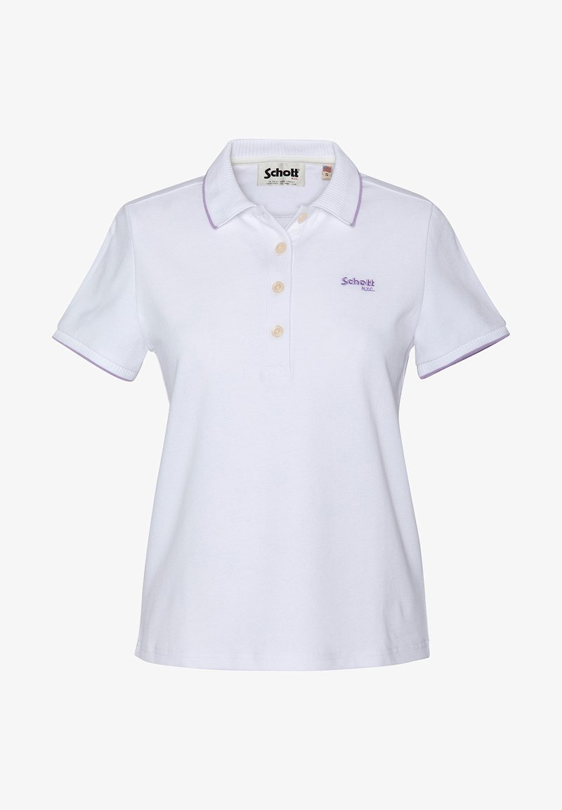 Polo shirt blanche en coton, avec un col et des poignets côtelés rehaussés d'accents lavande. Patte de boutonnage à trois boutons, logo brodé sur la poitrine.