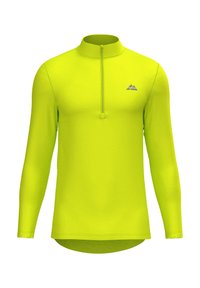 Pitkähiha pullover kirkkaasta neon keltaisesta kankaasta, jossa on puoliveto kaulus ja pieni sininen logo rinnassa. Sileä pinta.