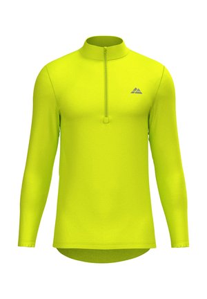 Langsleeve pullover in een levendige neon gele stof, met een halflange ritssluiting en een klein blauw logo op de borst. Glad van textuur.