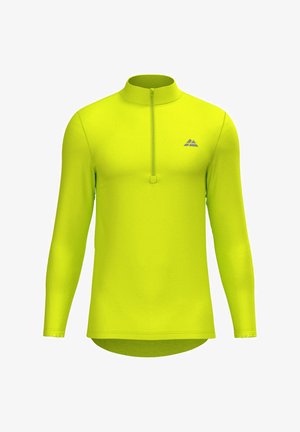 Langsleeve pullover in een levendige neon gele stof, met een halflange ritssluiting en een klein blauw logo op de borst. Glad van textuur.