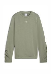 Camisa de manga larga en un suave tejido de color verde oliva claro, con cuello redondo y detalle recogido en los puños. Logo de Puma en blanco en el pecho.