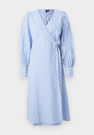 Light blue wrap dress with diagonal white and navy stripes, long puffed sleeves, wide cuffs, and side tie closure.