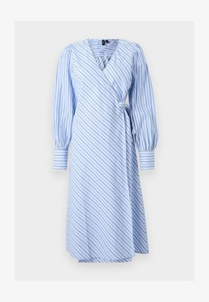 Light blue wrap dress with diagonal white and navy stripes, long puffed sleeves, wide cuffs, and side tie closure.