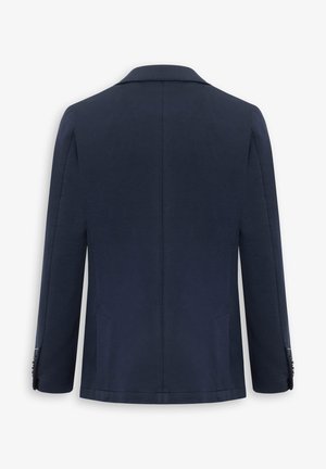 Marineblauer Blazer mit taillierter Passform, notched Revers, langen Ärmeln und Seitentaschen. Glatte Textur und minimalistisches Design ohne Verzierungen.