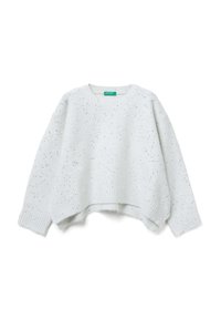 Weißer Strickpullover mit verstreuten silbernen Pailletten, gerippten Bündchen und Saum sowie einem leicht verkürzten, lässigen Schnitt.