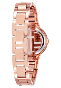 Rose gold metalur bøjlearmbånd med poleret linkdesign. Har en rund urskive og klar urflade, der fremhæver minimalistisk æstetik.