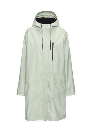 Hellgrüne wasserfeste Jacke mit Kapuze, vorn mit Druckknöpfen, zwei Taschen und einer Reißverschlussbrusttasche. Einfaches, gerades Schnittdesign.