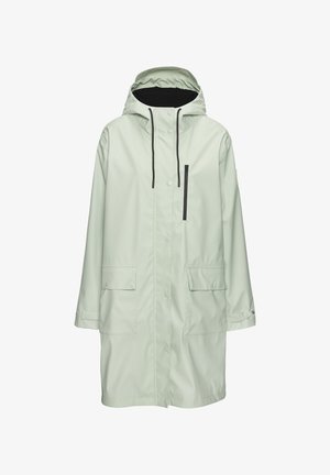 Hellgrüne wasserfeste Jacke mit Kapuze, vorn mit Druckknöpfen, zwei Taschen und einer Reißverschlussbrusttasche. Einfaches, gerades Schnittdesign.