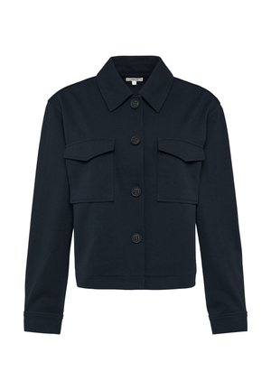 Marineblaue, taillierte Jacke aus weichem Stoff mit einem kragenförmigen Hals, vorderem Knopfverschluss und zwei Brusttaschen mit Klappen.