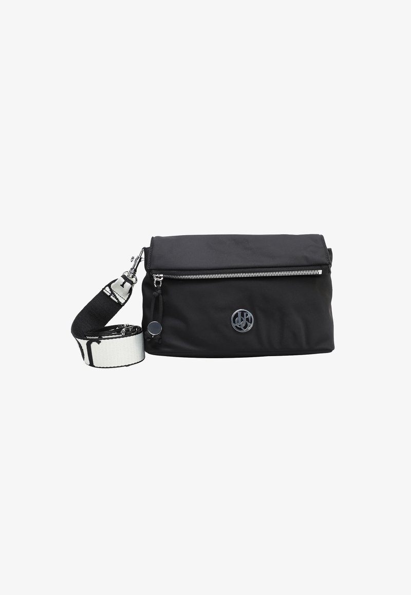 Black nylon crossbody bag with a zip closure, featuring a silver logo, detachable patterned strap, and sleek, minimal design.