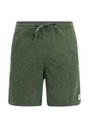 Groene corduroy shorts met een tailleband met trekkoord en zijzakken, voorzien van een klein wit label bij de zoom aan de rechterkant.