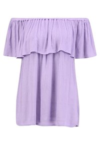Off-Shoulder-Oberteil in hellem Lavendel mit einem Rüschenausschnitt und leichtem strukturiertem Stoff, der eine fließende und lässige Passform bietet.
