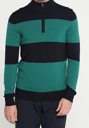 Mand iført en grøn og sort bredstribet sweater med kort lynlås foran og mørke bukser mod en ensfarvet baggrund.