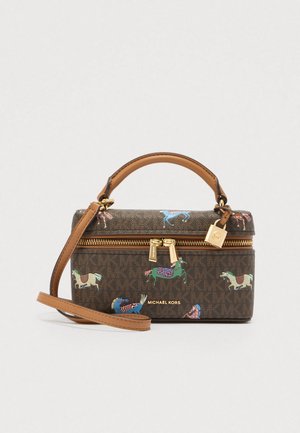 Brown patterned handbag with equestrian motifs, gold hardware, top handle, and detachable shoulder strap. Features zipper closure.