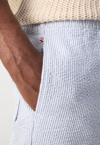 Light blue and white striped fabric, textured, with a visible pocket detail and a small red and white accent tag on the waistband.