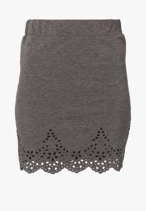 Grauer Strickrock mit geripptem Bund und floralem Ausschnittmuster entlang des welligen Saums.