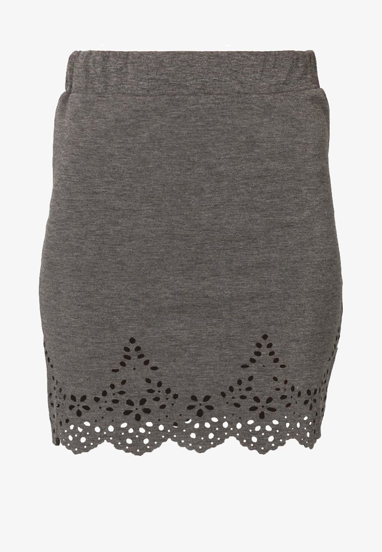 Jupe grise en maille avec une ceinture côtelée et un motif floral ajouré le long de l'ourlet festonné.