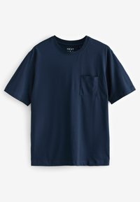 Sötétkék, rövid ujjú póló sima anyagból, mellzsebbels és klasszikus kerek nyakkivágással. Egyszerű, minimalista design.