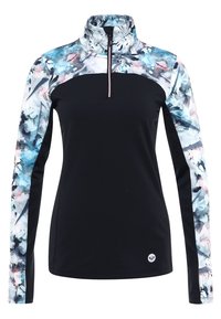 Pullover nero a maniche lunghe con colletto alto, caratterizzato da una stampa astratta colorata sulle maniche e una zip frontale a metà.